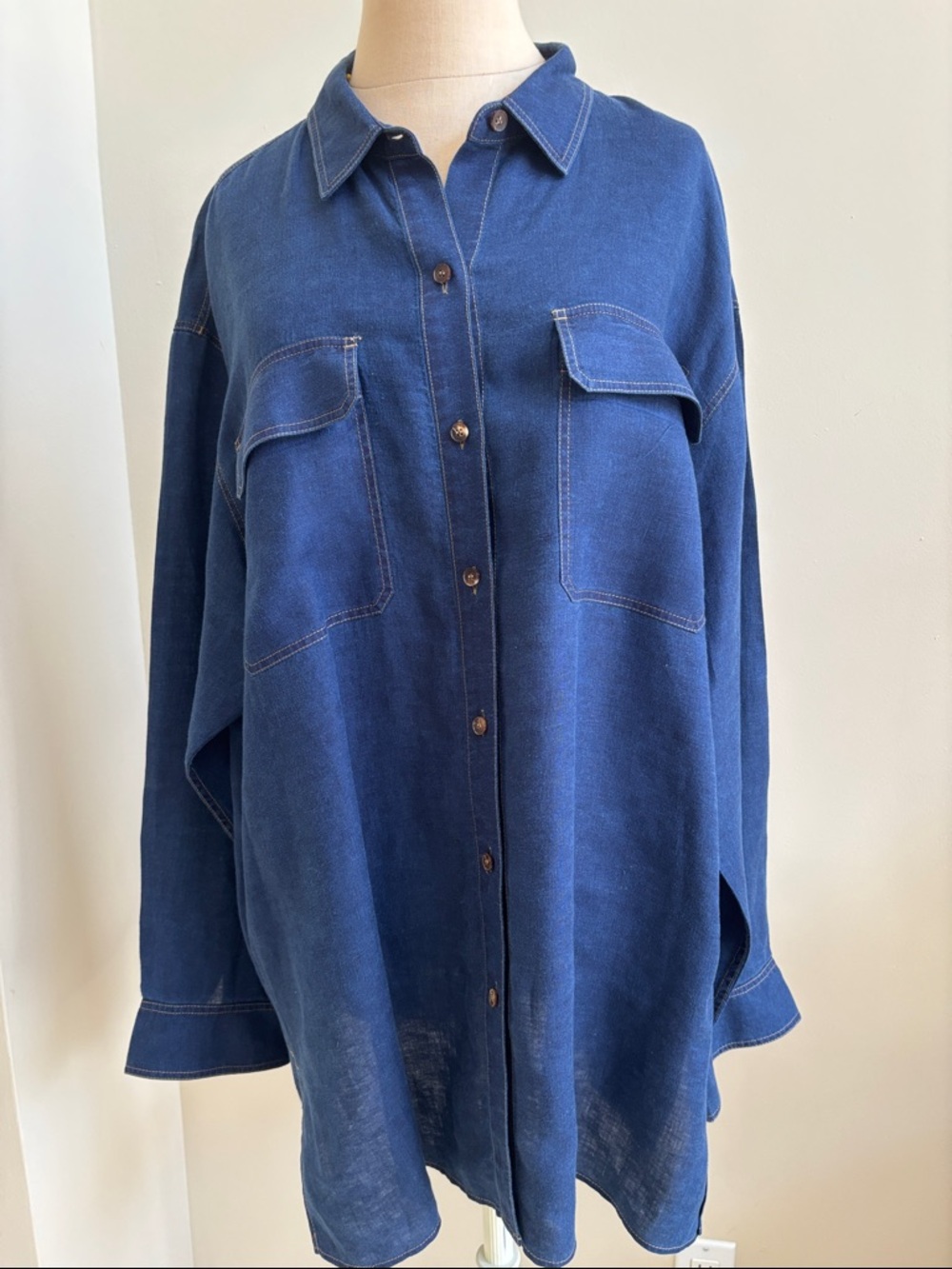 Lafayette 148 New York Dark Navy Denim Linen Button-Front Shirt